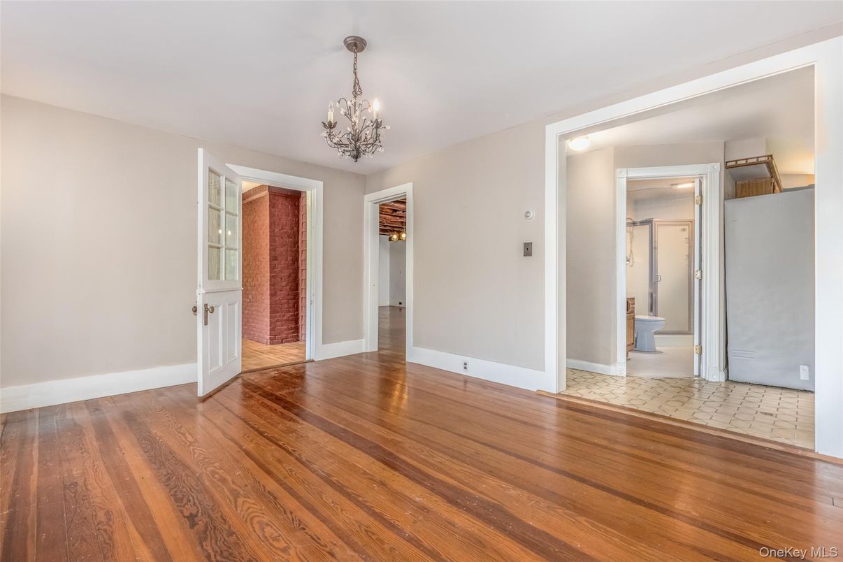Bathroom, Chandelier, Empty room, Interior, Wood Texture Flooring