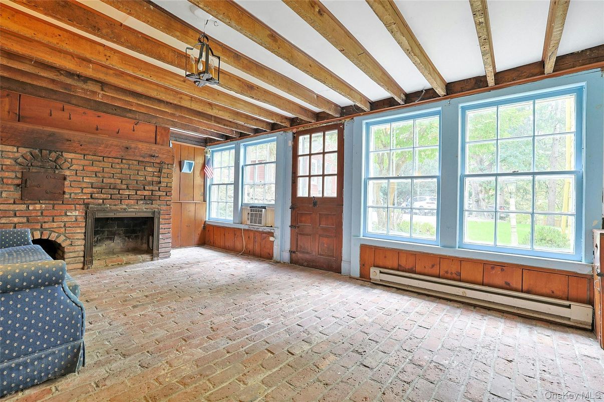 Empty room, Fireplace, Interior, Stone Walls, Wooden Beams