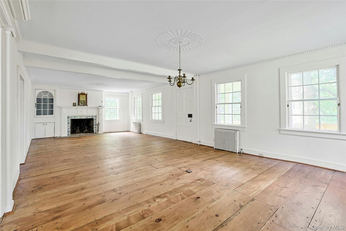 Empty room, Fireplace, Interior, Pendant Lights, Wood Texture Flooring