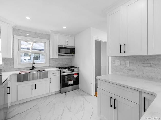 Interior, Kitchen, Marble, Recessed Lighting, Stainless Steel Appliances