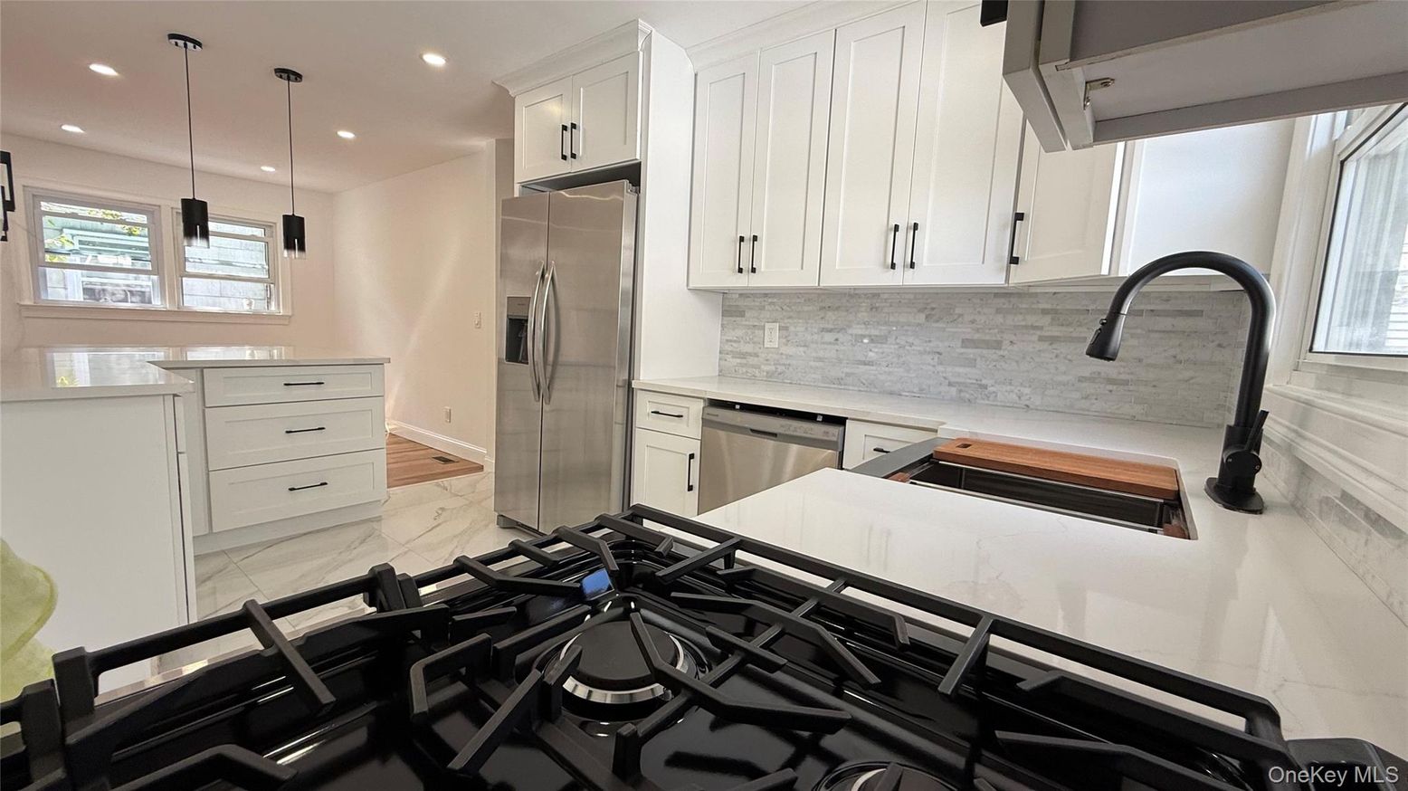 Interior, Kitchen, Marble, Pendant Lights, Recessed Lighting, Stainless Steel Appliances, Wood Texture Flooring