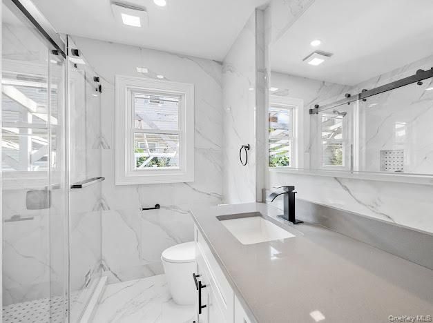 Bathroom, Glass Shower, Interior, Marble, Marble Walls, Recessed Lighting