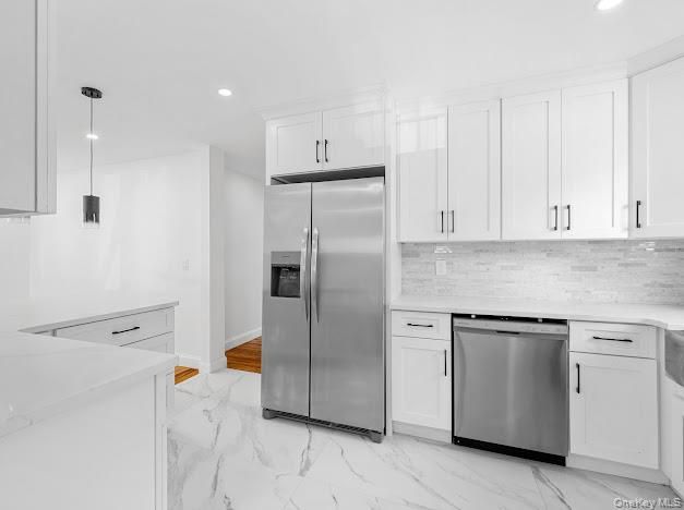 Interior, Kitchen, Marble, Pendant Lights, Recessed Lighting, Stainless Steel Appliances