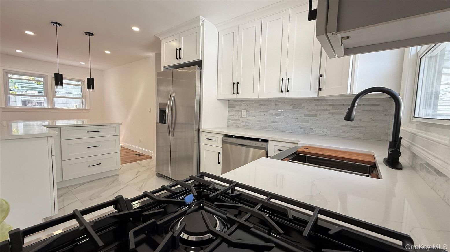 Interior, Kitchen, Marble, Pendant Lights, Recessed Lighting, Stainless Steel Appliances