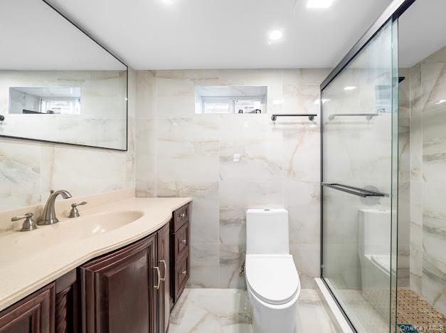 Bathroom, Glass Shower, Interior, Marble Walls, Recessed Lighting
