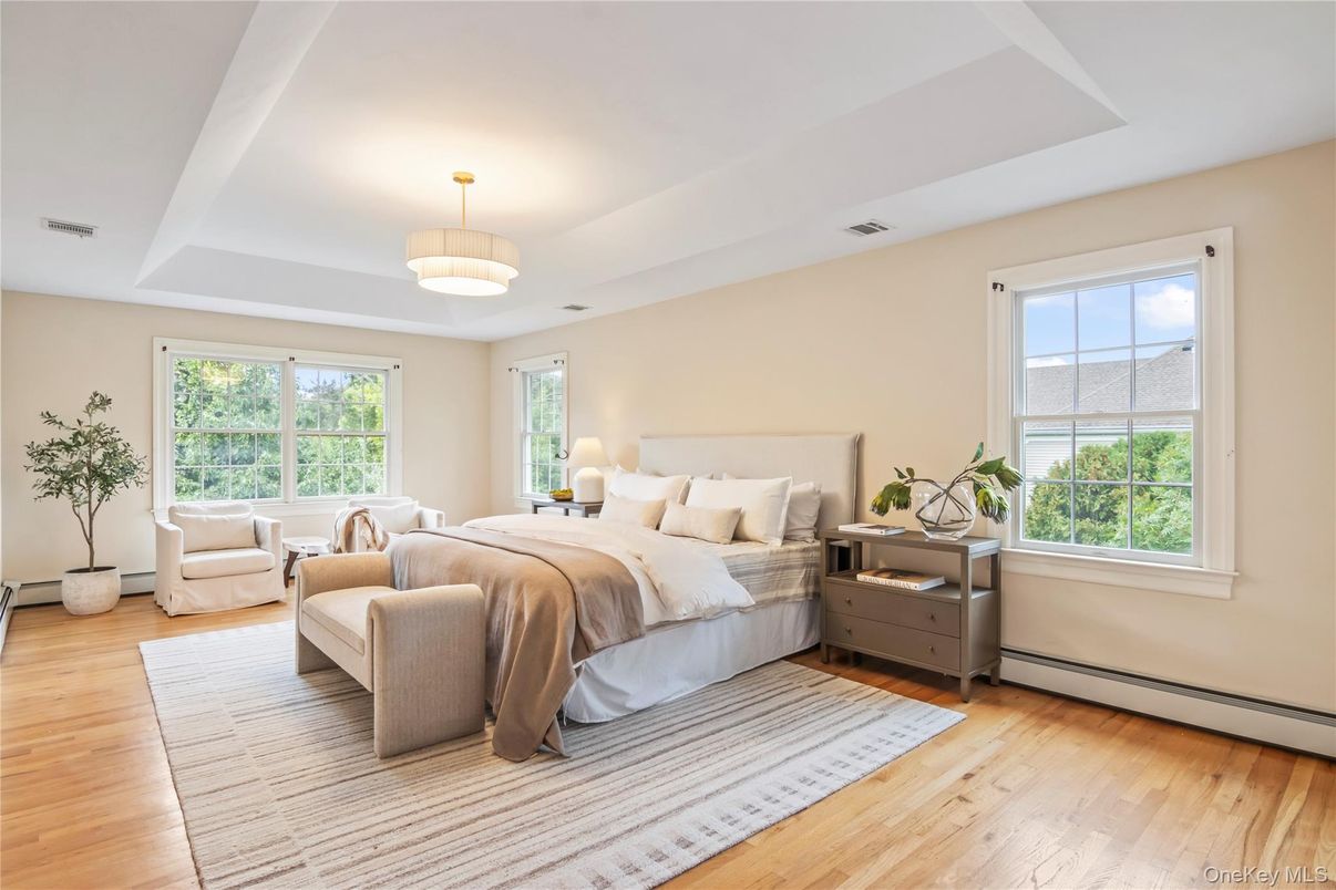 Bedroom, Interior, Pendant Lights, Wood Texture Flooring