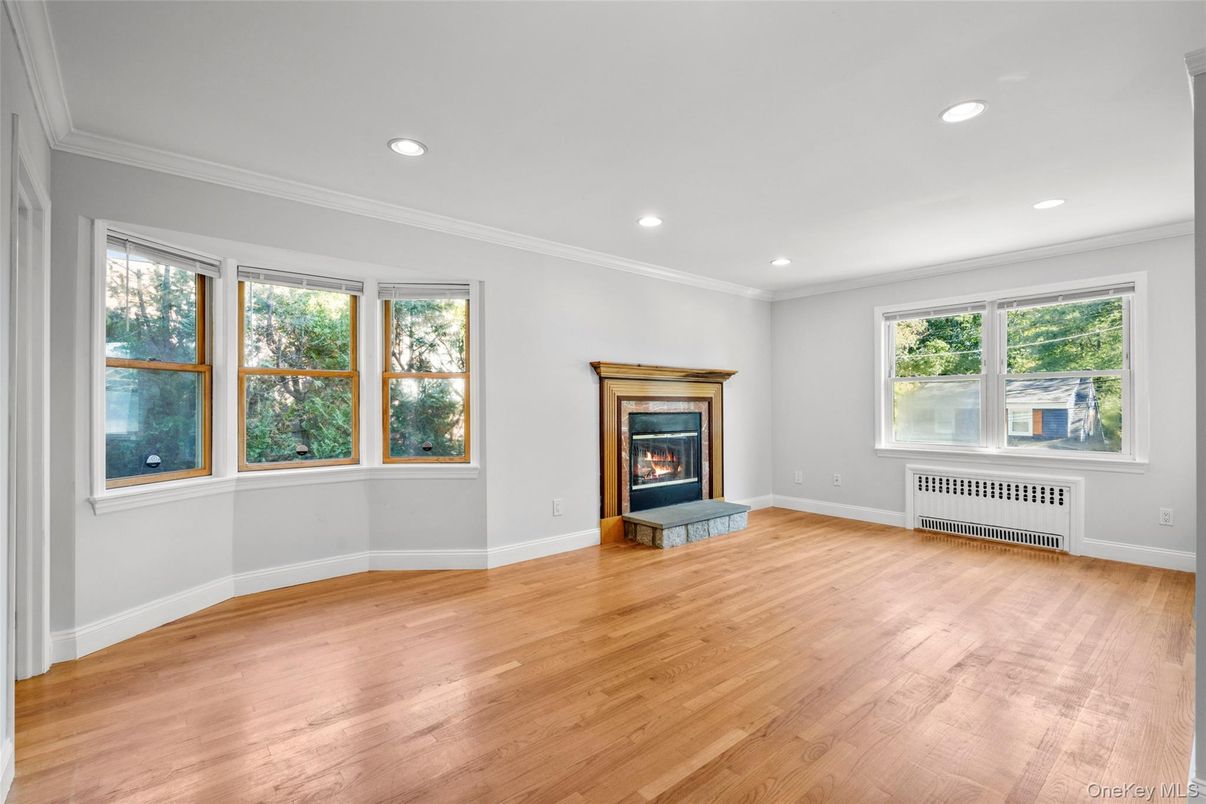 Empty room, Fireplace, Interior, Recessed Lighting, Wood Texture Flooring