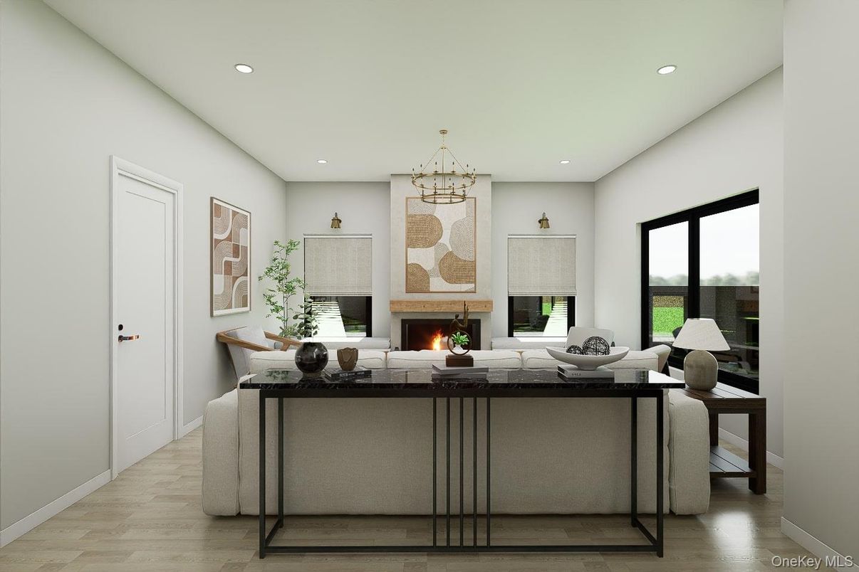 Fireplace, Interior, Living room, Recessed Lighting, Wood Texture Flooring