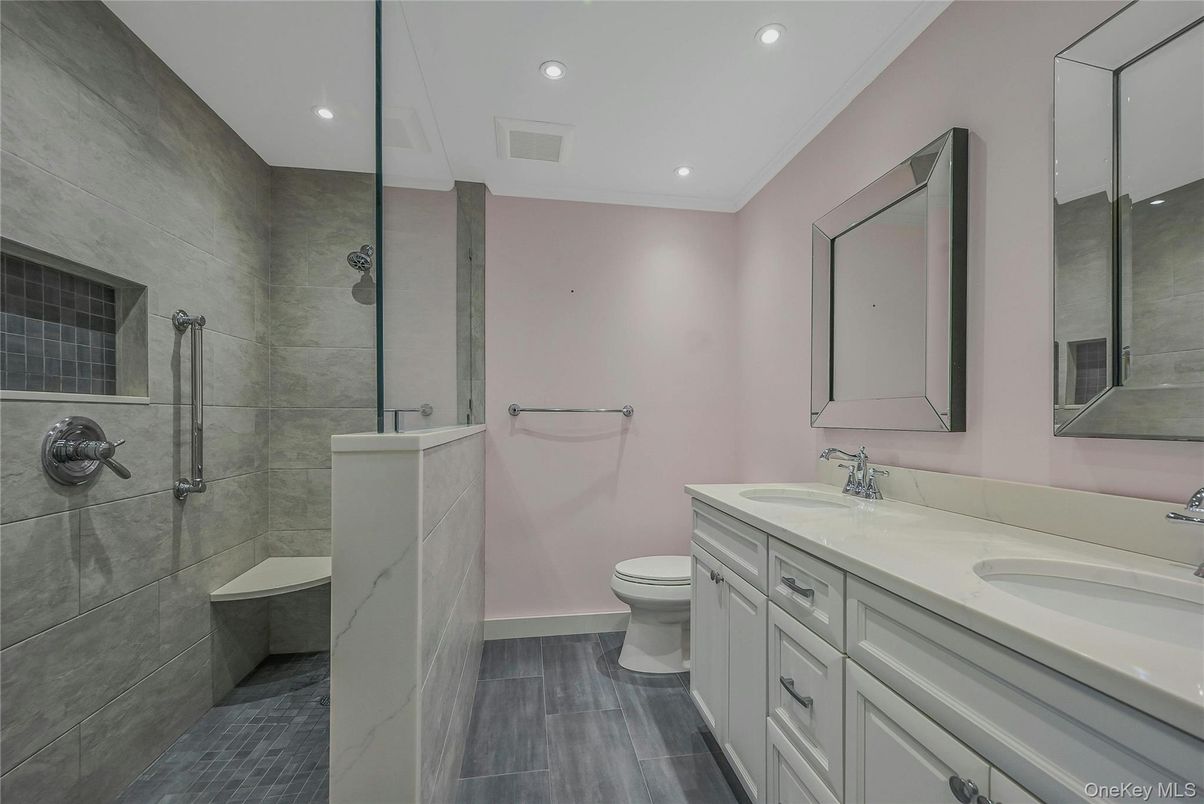 Bathroom, Dual Sink Vanities, Interior, Recessed Lighting, Wood Texture Flooring