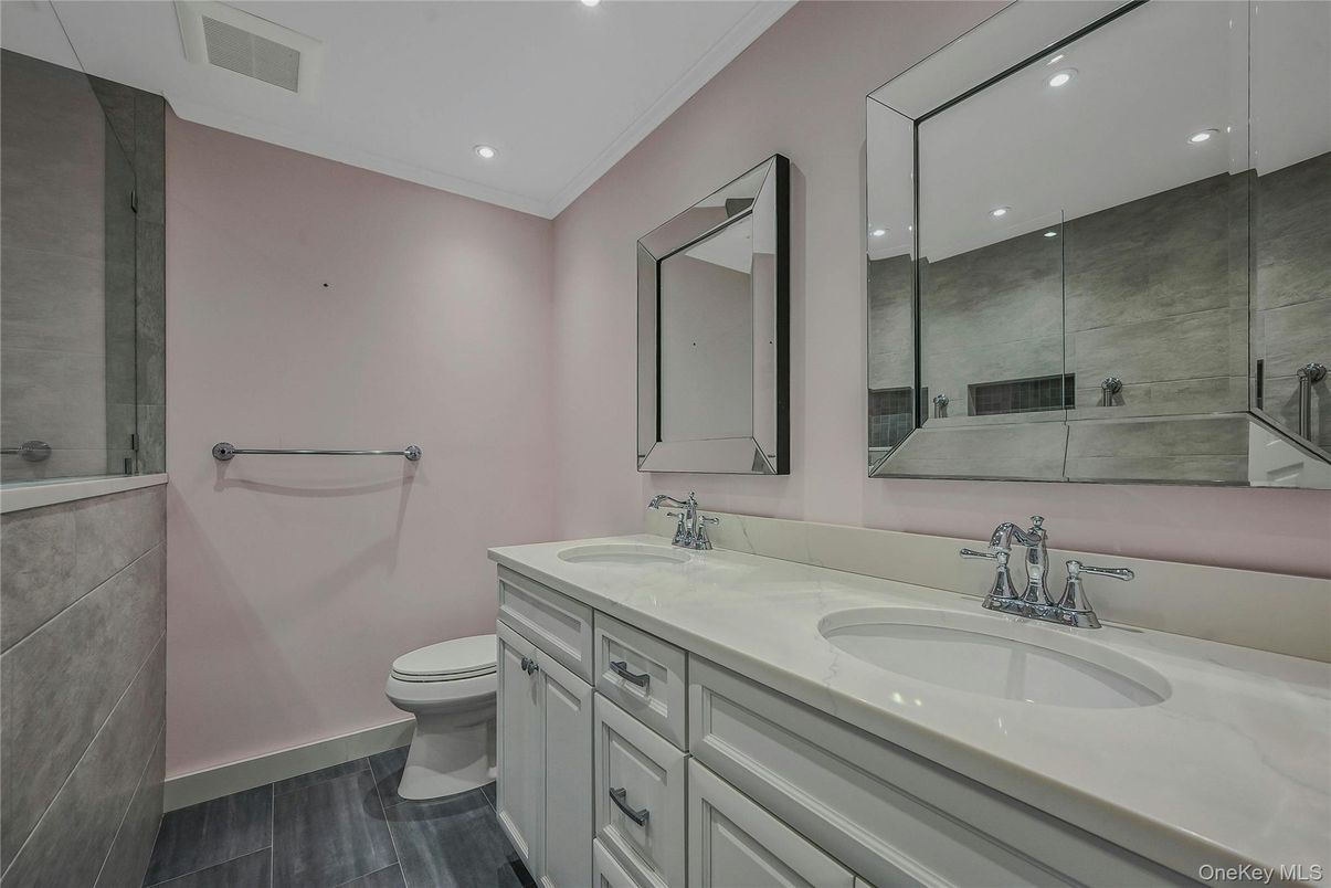 Bathroom, Dual Sink Vanities, Interior, Recessed Lighting, Wood Texture Flooring
