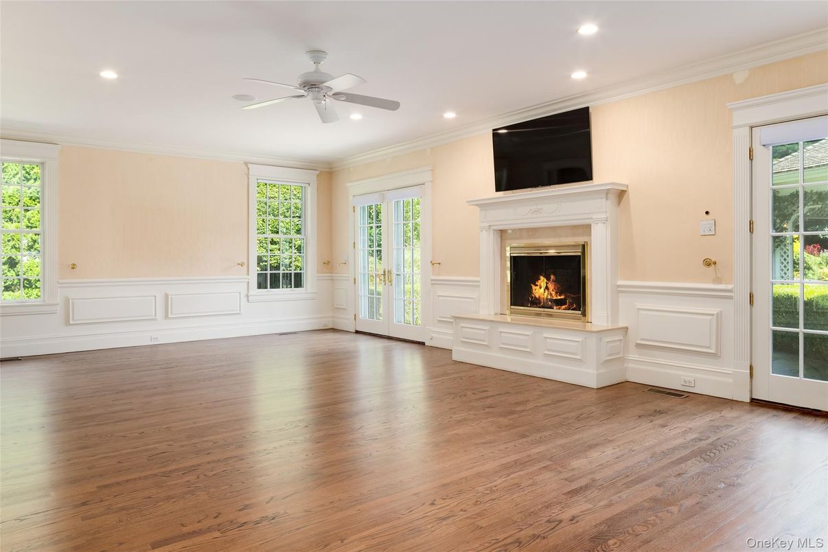 Empty room, Fireplace, Interior, Recessed Lighting, Wood Texture Flooring
