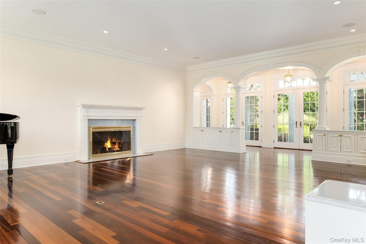 Empty room, Fireplace, Interior, Recessed Lighting, Wood Texture Flooring