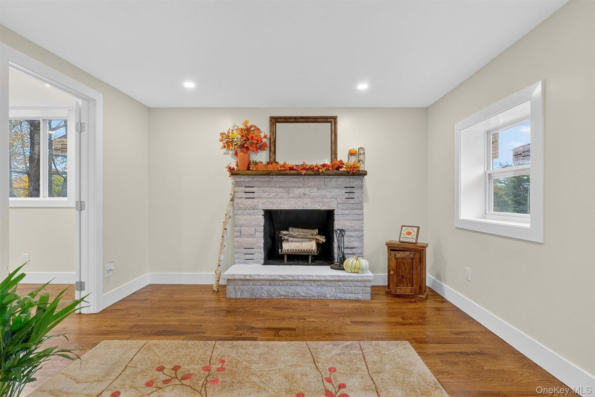 Fireplace, Interior, Recessed Lighting, Wood Texture Flooring