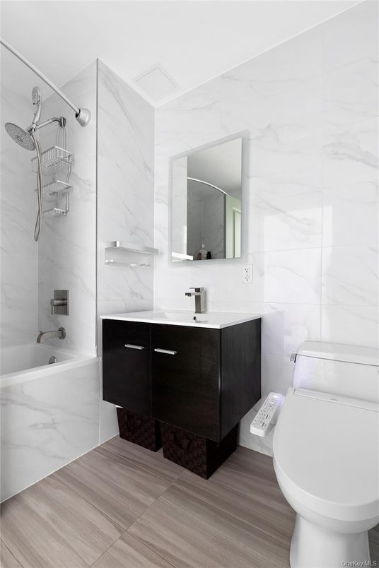 Bathroom, Interior, Marble Walls, Wood Texture Flooring