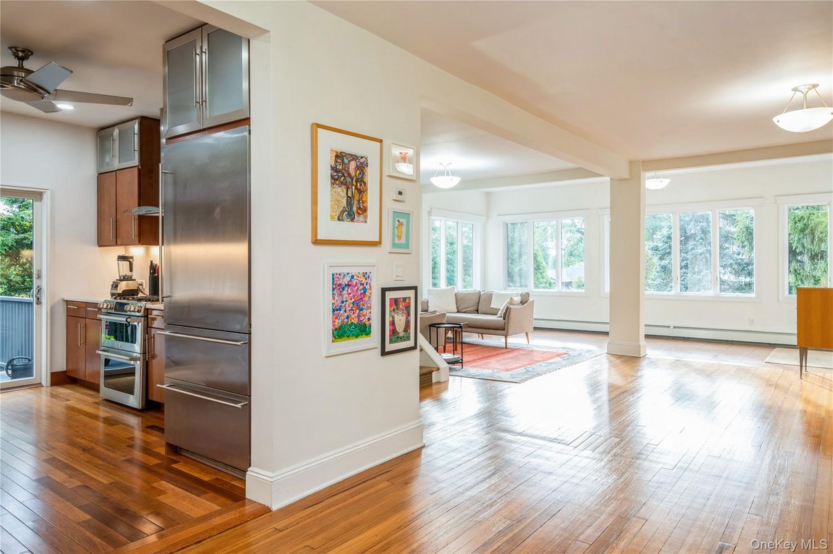 Interior, Kitchen, Living room, Pendant Lights, Stainless Steel Appliances, Wood Texture Flooring