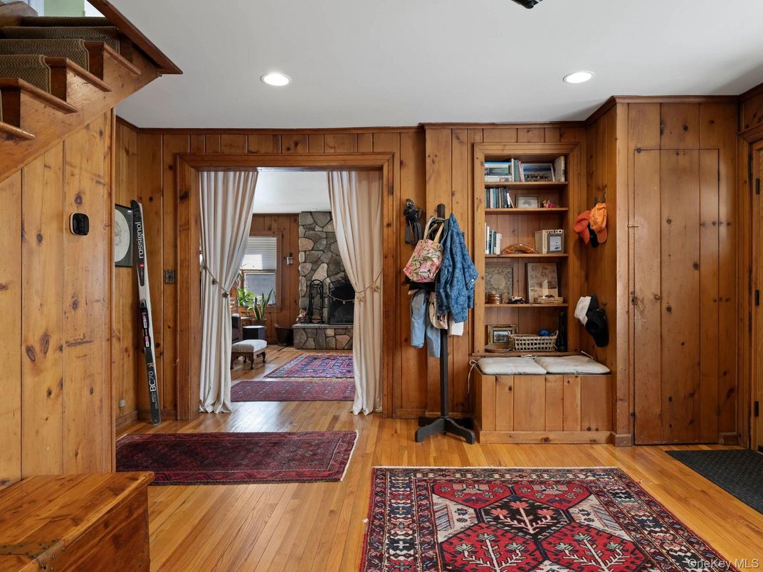 Fireplace, Interior, Recessed Lighting, Wood Texture Flooring, Wooden Walls