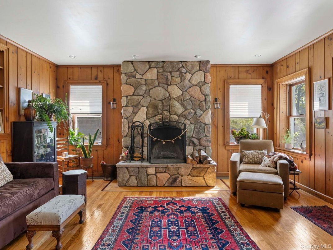 Fireplace, Interior, Recessed Lighting, Stone Walls, Wood Texture Flooring, Wooden Walls