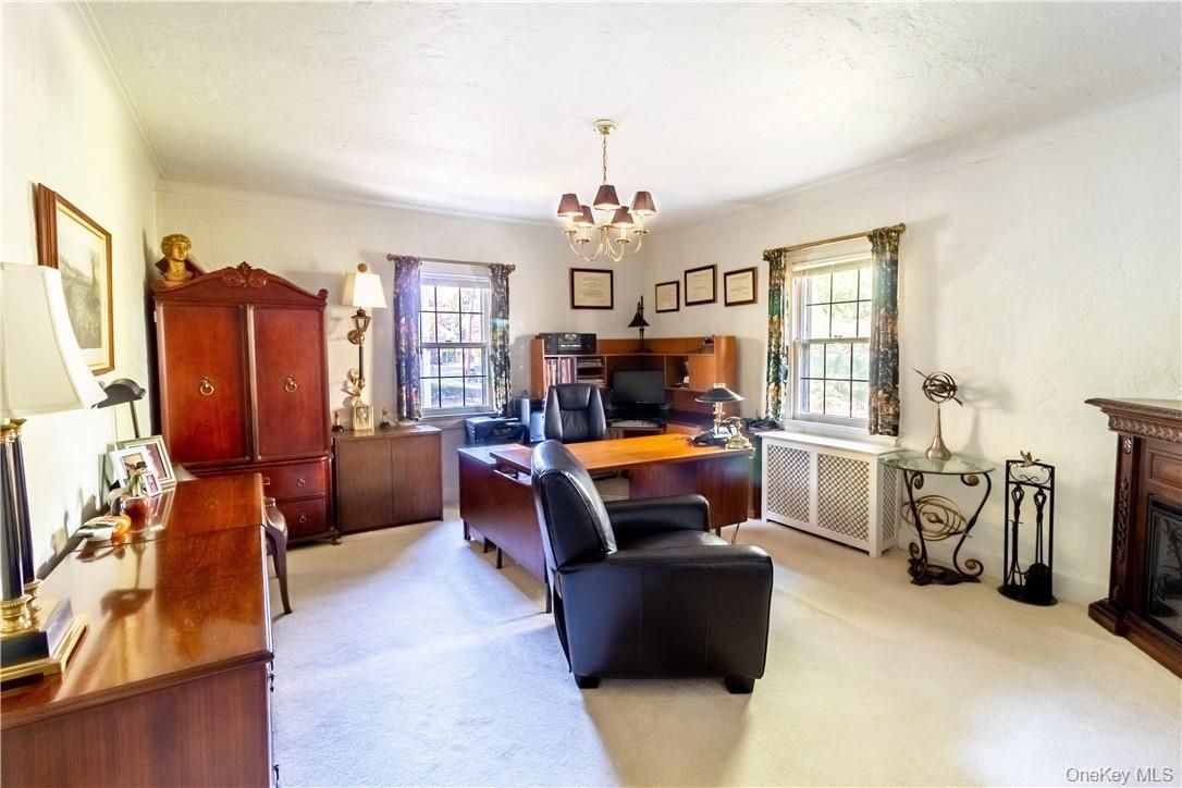 Chandelier, Fireplace, Home Office, Interior