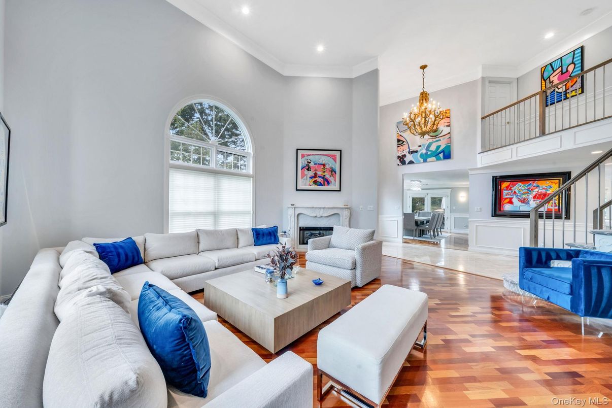 Chandelier, Fireplace, Interior, Living room, Recessed Lighting, Wood Texture Flooring