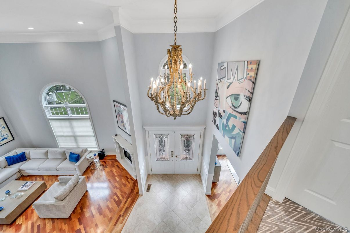 Chandelier, Fireplace, Interior, Living room, Recessed Lighting, Wood Texture Flooring