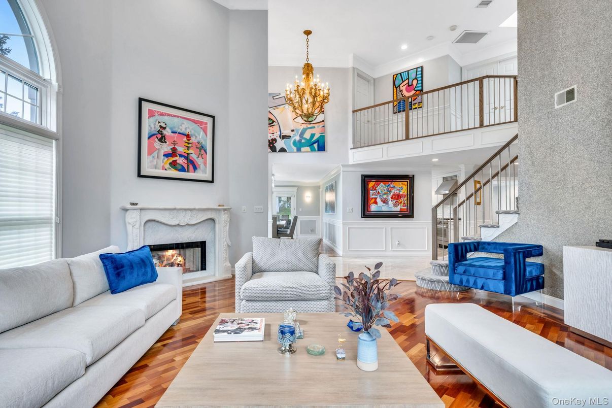 Chandelier, Fireplace, Interior, Living room, Recessed Lighting, Wood Texture Flooring