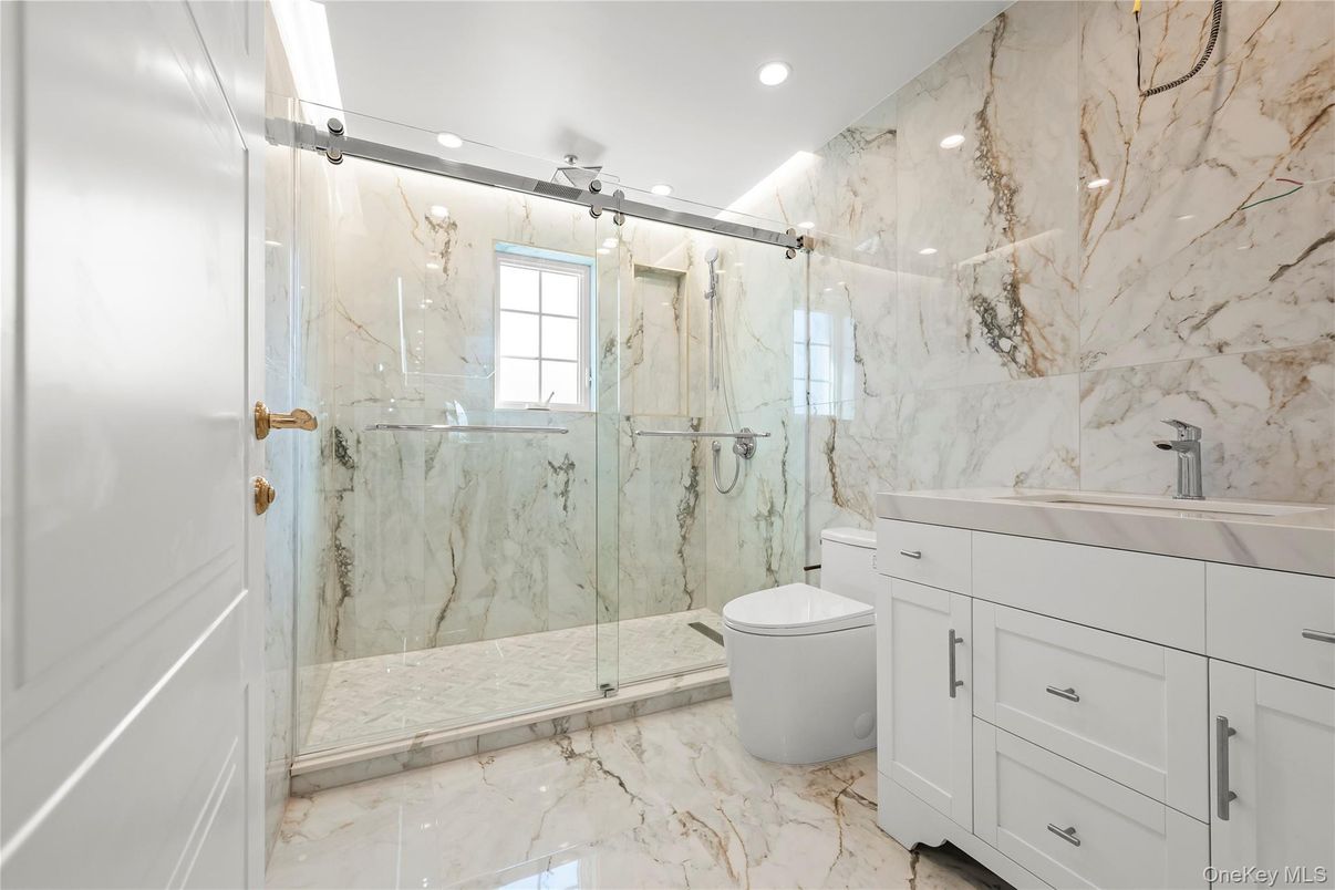 Bathroom, Glass Shower, Interior, Marble, Marble Walls, Recessed Lighting