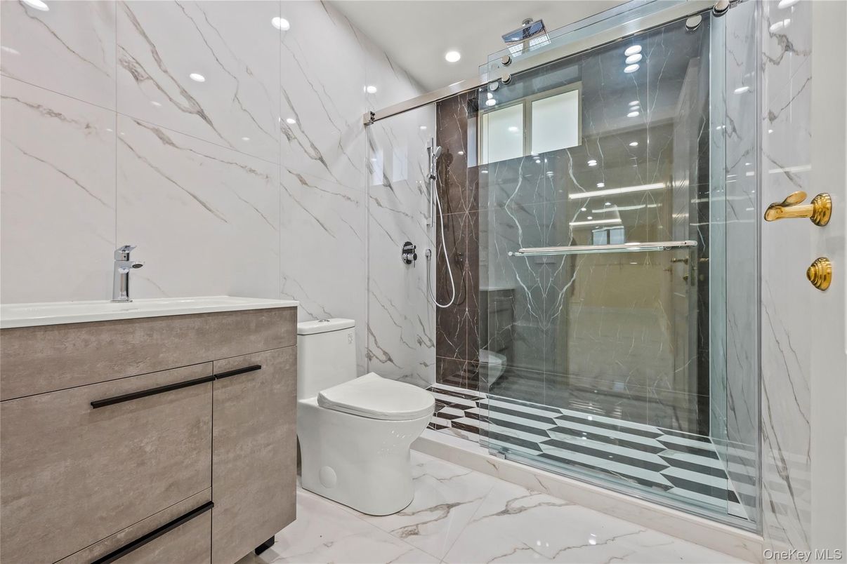 Bathroom, Glass Shower, Interior, Marble, Marble Walls, Recessed Lighting