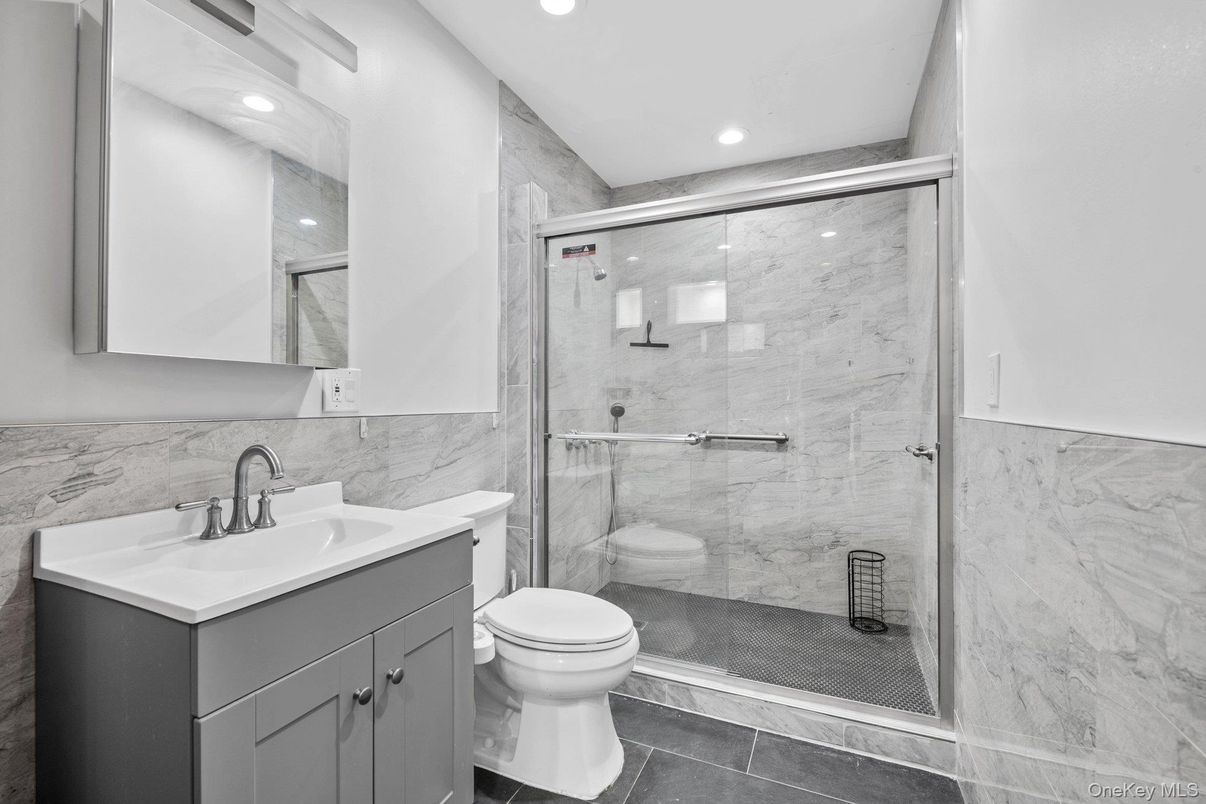 Bathroom, Glass Shower, Interior, Marble Walls, Recessed Lighting