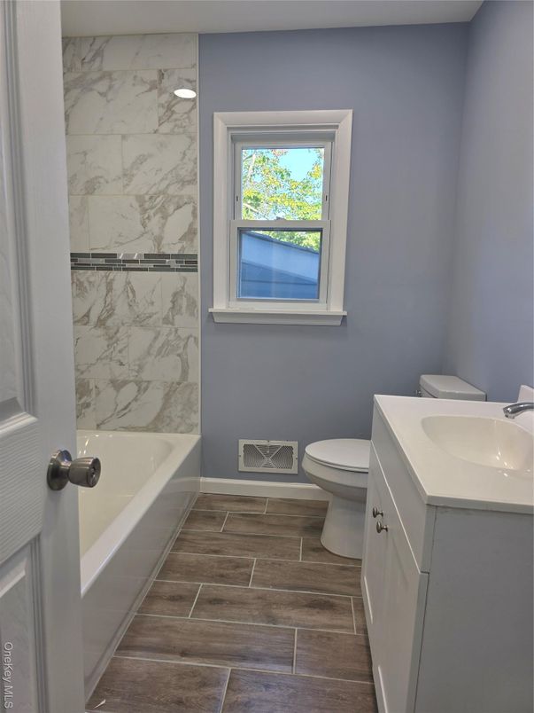 Bathroom, Interior, Marble Walls, Wood Texture Flooring