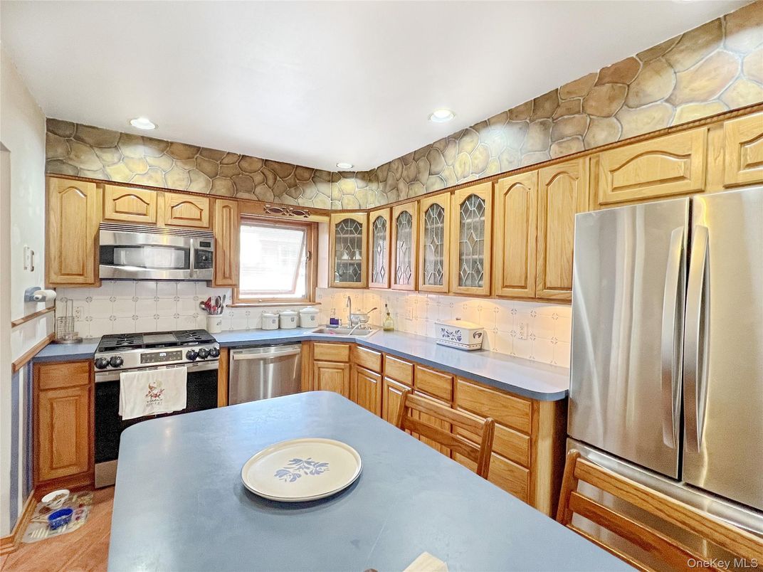 Interior, Kitchen, Recessed Lighting, Stainless Steel Appliances, Stone Walls