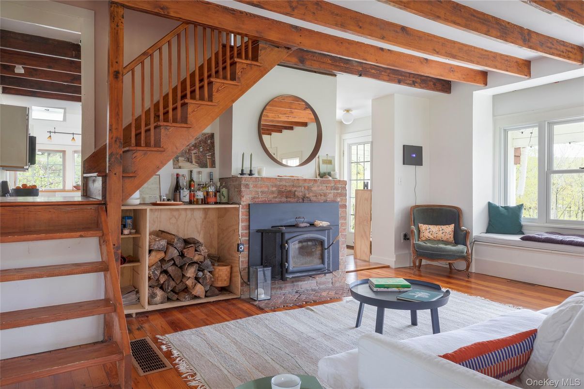 Fireplace, Interior, Living room, Wooden Beams, Wood Texture Flooring