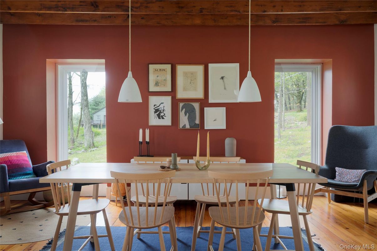 Dining room, Interior, Pendant Lights, Wood Texture Flooring