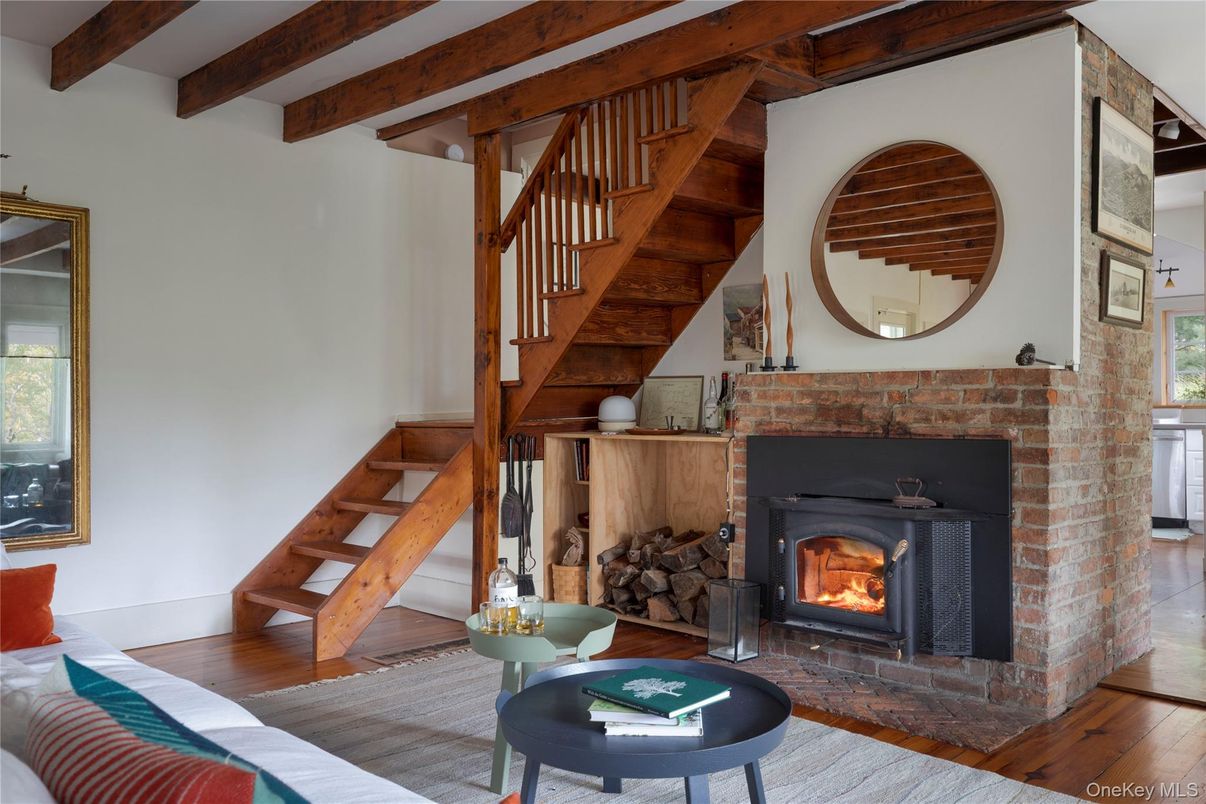 Fireplace, Interior, Living room, Wooden Beams, Wood Texture Flooring