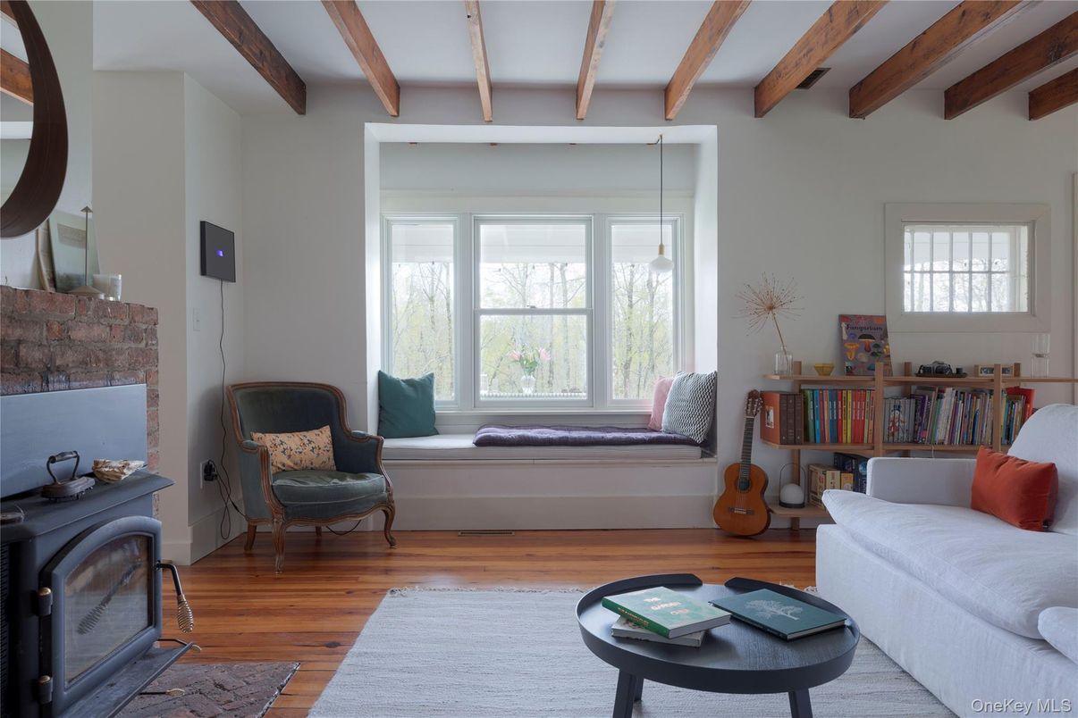 Fireplace, Interior, Living room, Wooden Beams, Wood Texture Flooring