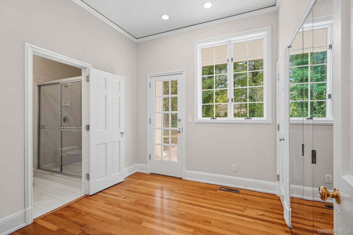 Bathroom, Empty room, Glass Shower, Interior, Recessed Lighting, Wood Texture Flooring