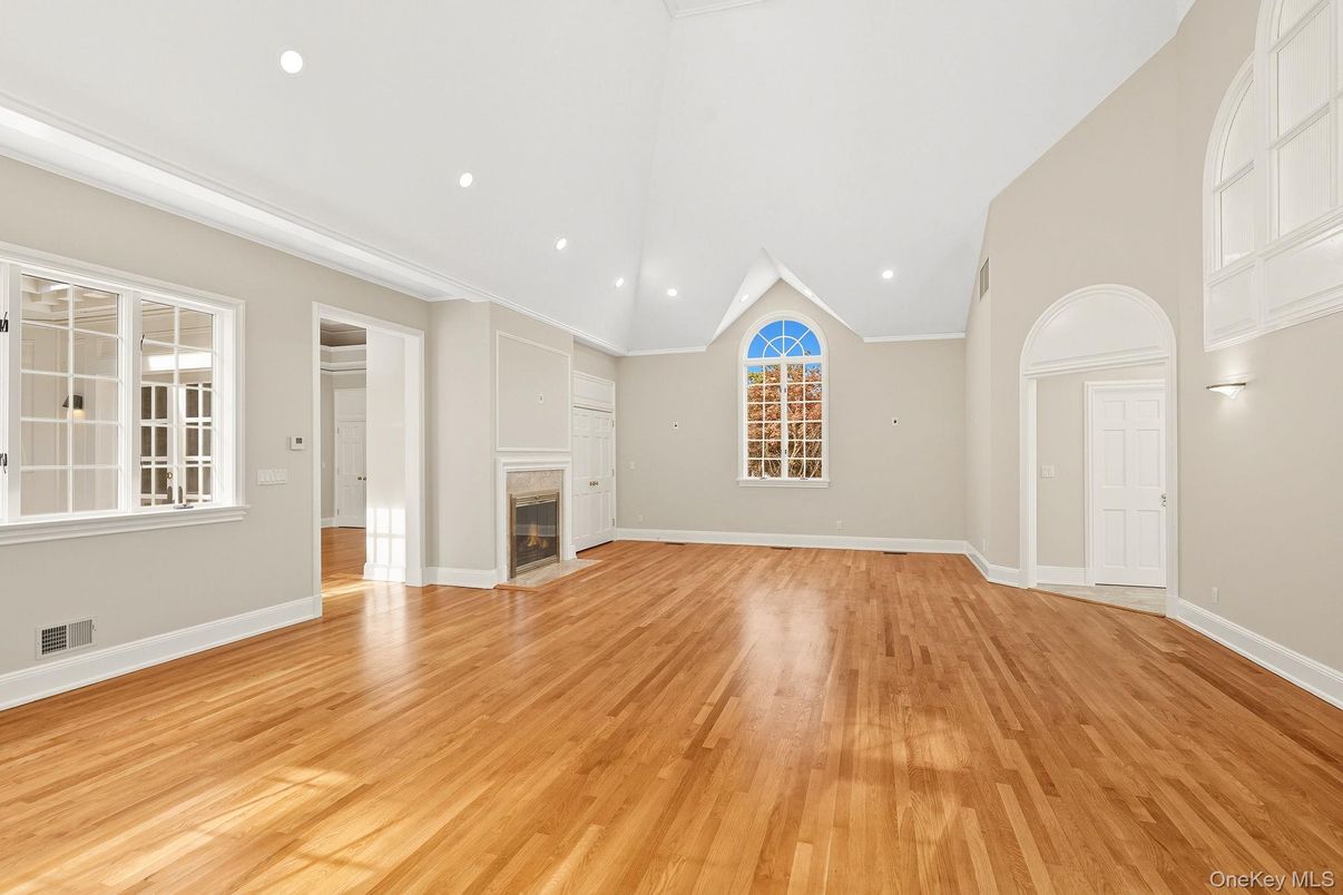 Empty room, Fireplace, Interior, Recessed Lighting, Wood Texture Flooring