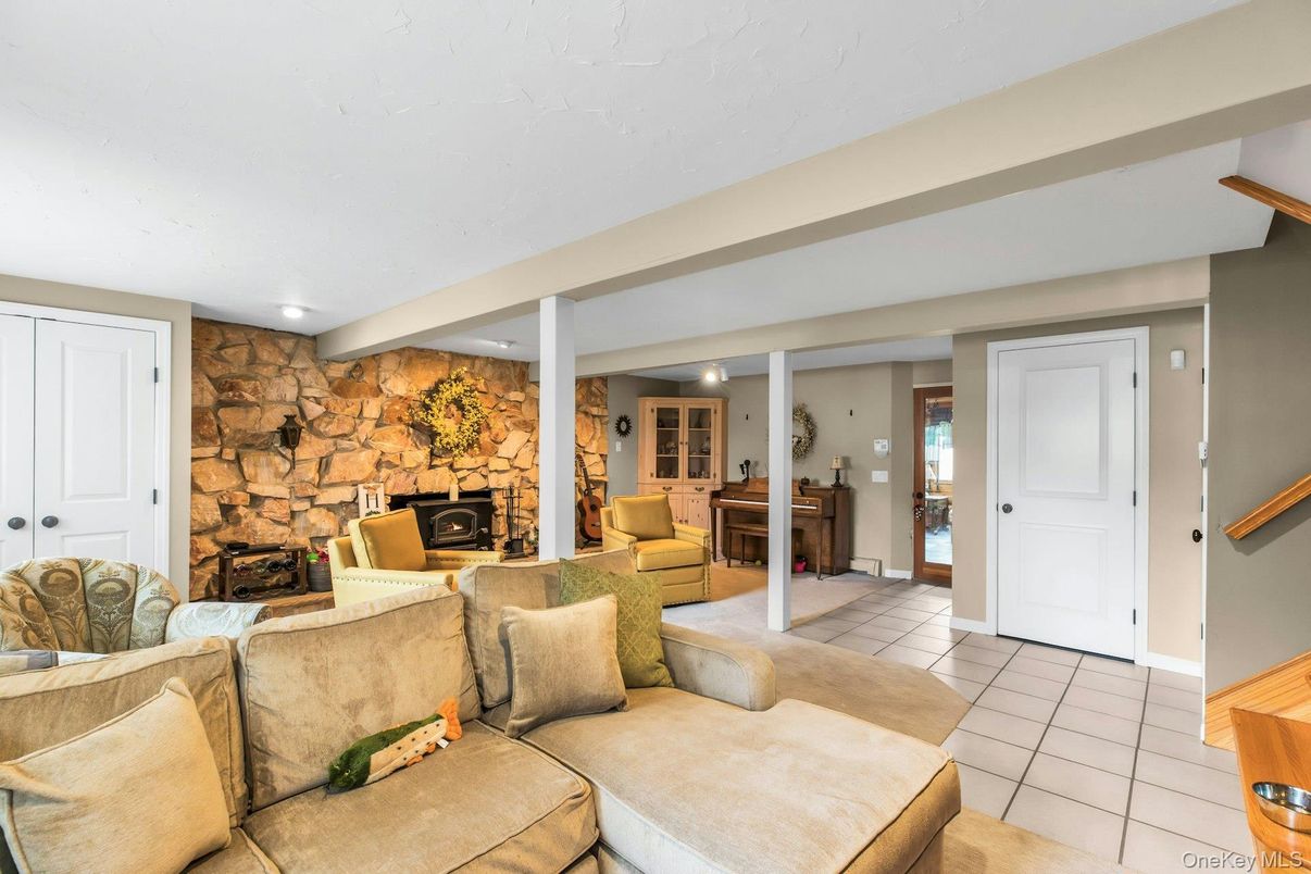 Fireplace, Interior, Living room, Recessed Lighting, Stone Walls