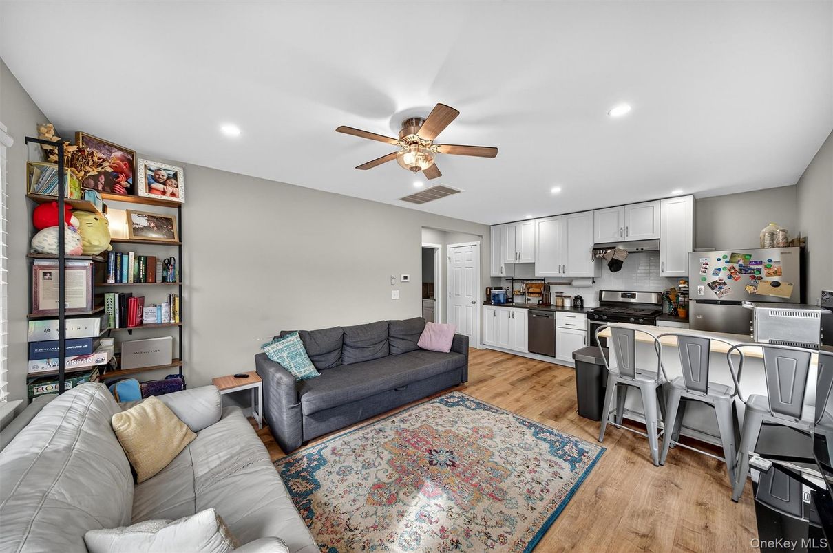 Interior, Kitchen, Living room, Recessed Lighting, Stainless Steel Appliances, Wood Texture Flooring