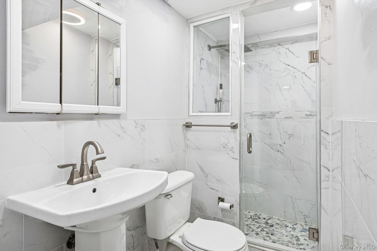 Bathroom, Glass Shower, Interior, Marble Walls, Recessed Lighting