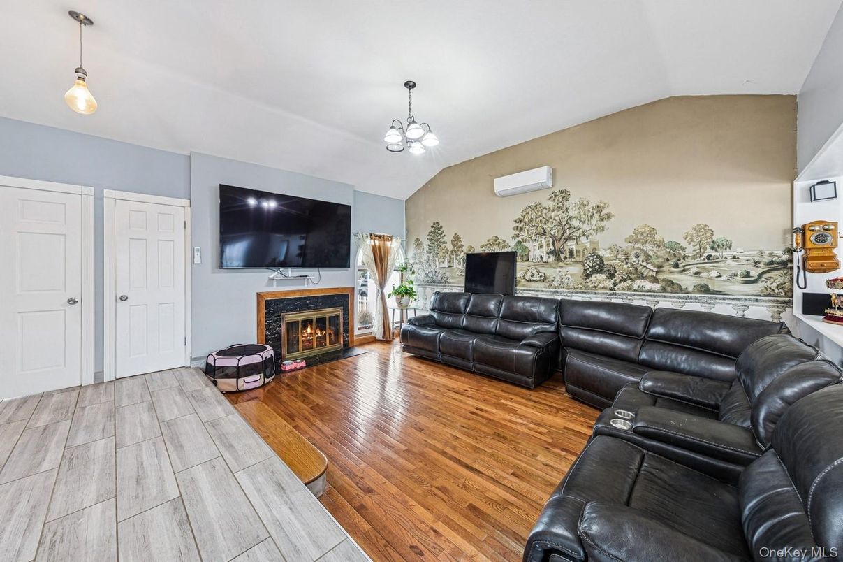 Fireplace, Interior, Living room, Pendant Lights, Wood Texture Flooring