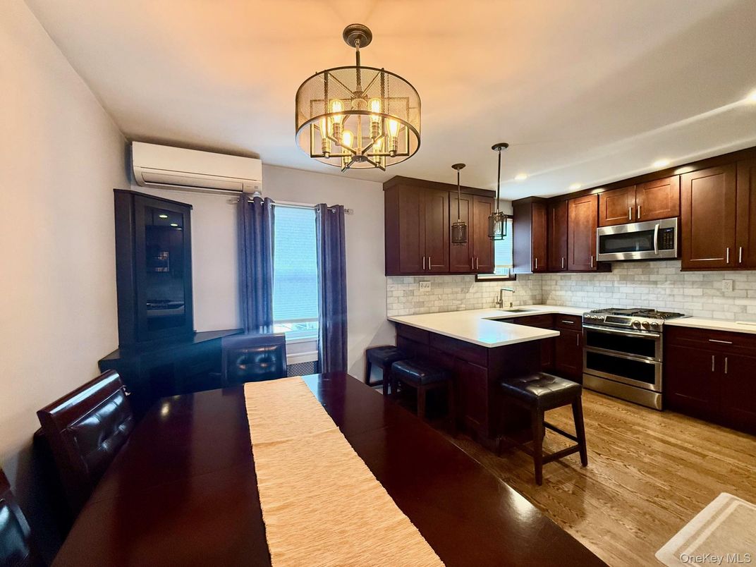 Chandelier, Interior, Kitchen, Stainless Steel Appliances, Wood Texture Flooring