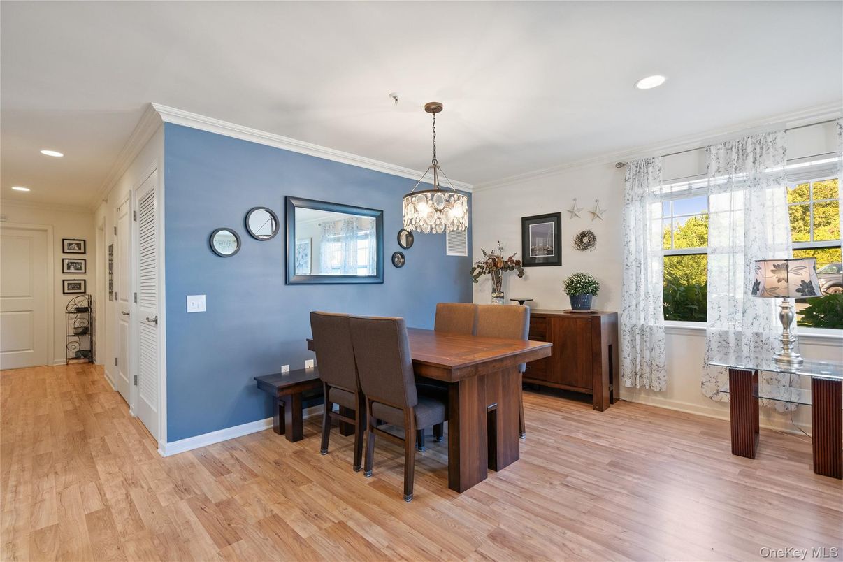 Dining room, Interior, Pendant Lights, Recessed Lighting, Wood Texture Flooring