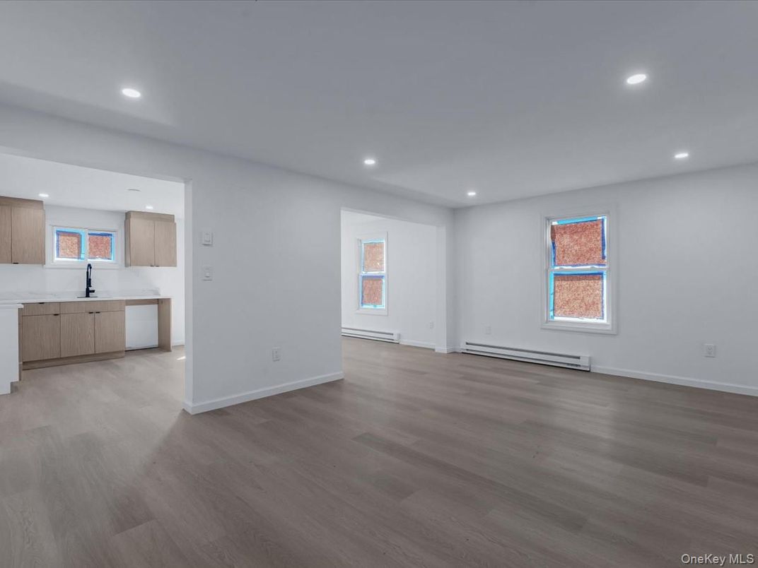 Empty room, Interior, Kitchen, Recessed Lighting, Wood Texture Flooring