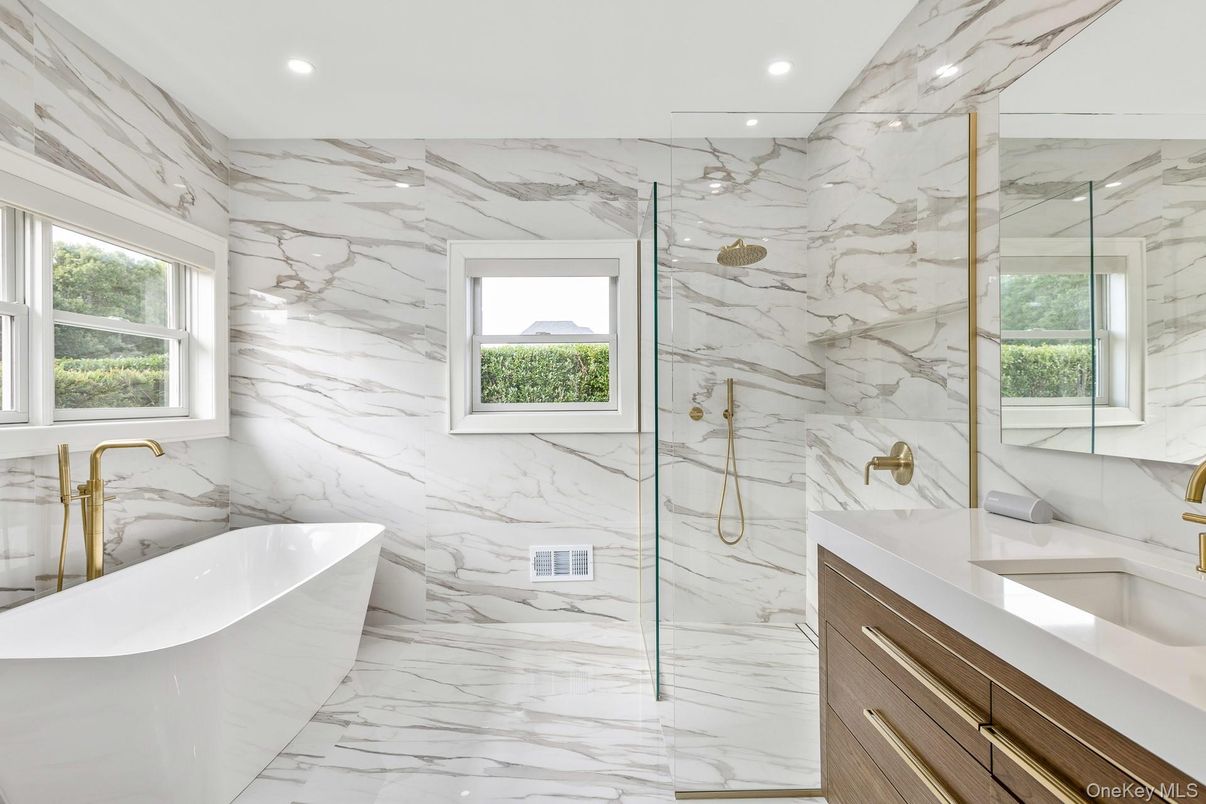 Bathroom, Dual Sink Vanities, Free Standing Baths, Glass Shower, Interior, Marble, Marble Walls, Recessed Lighting