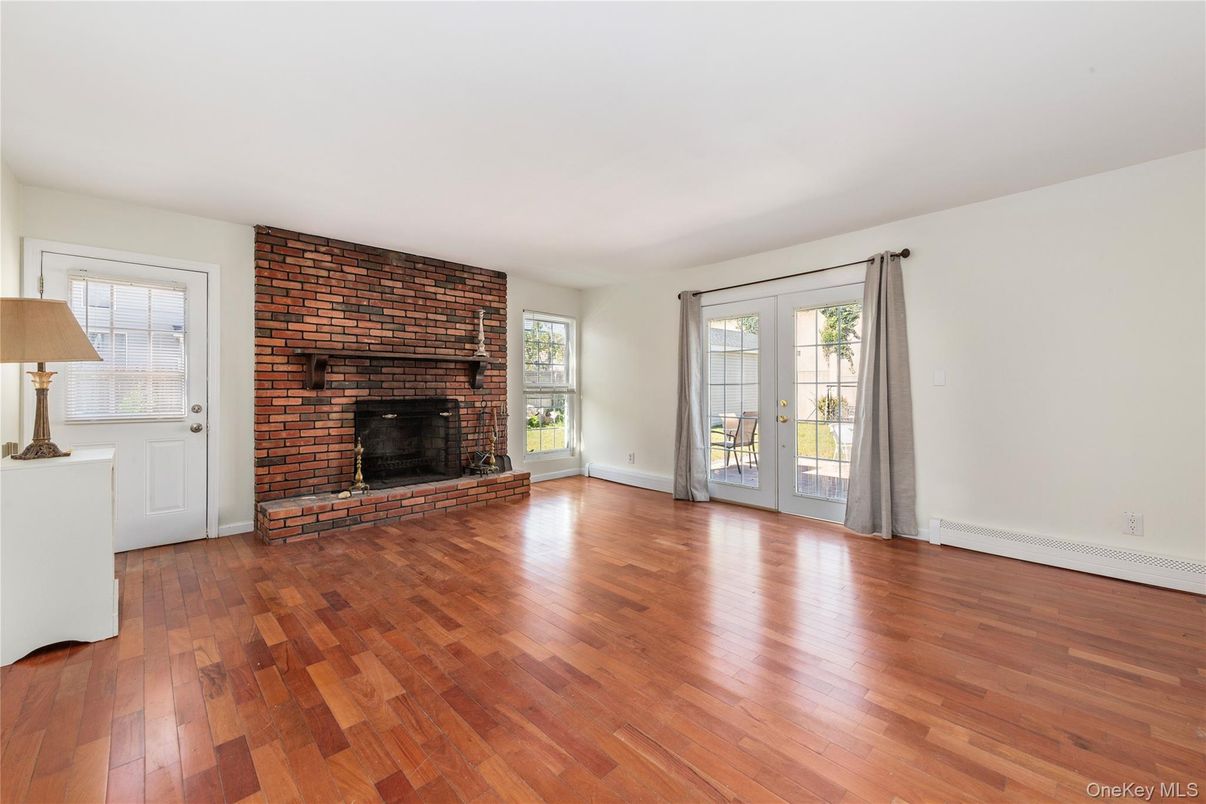 Empty room, Fireplace, Interior, Stone Walls, Wood Texture Flooring