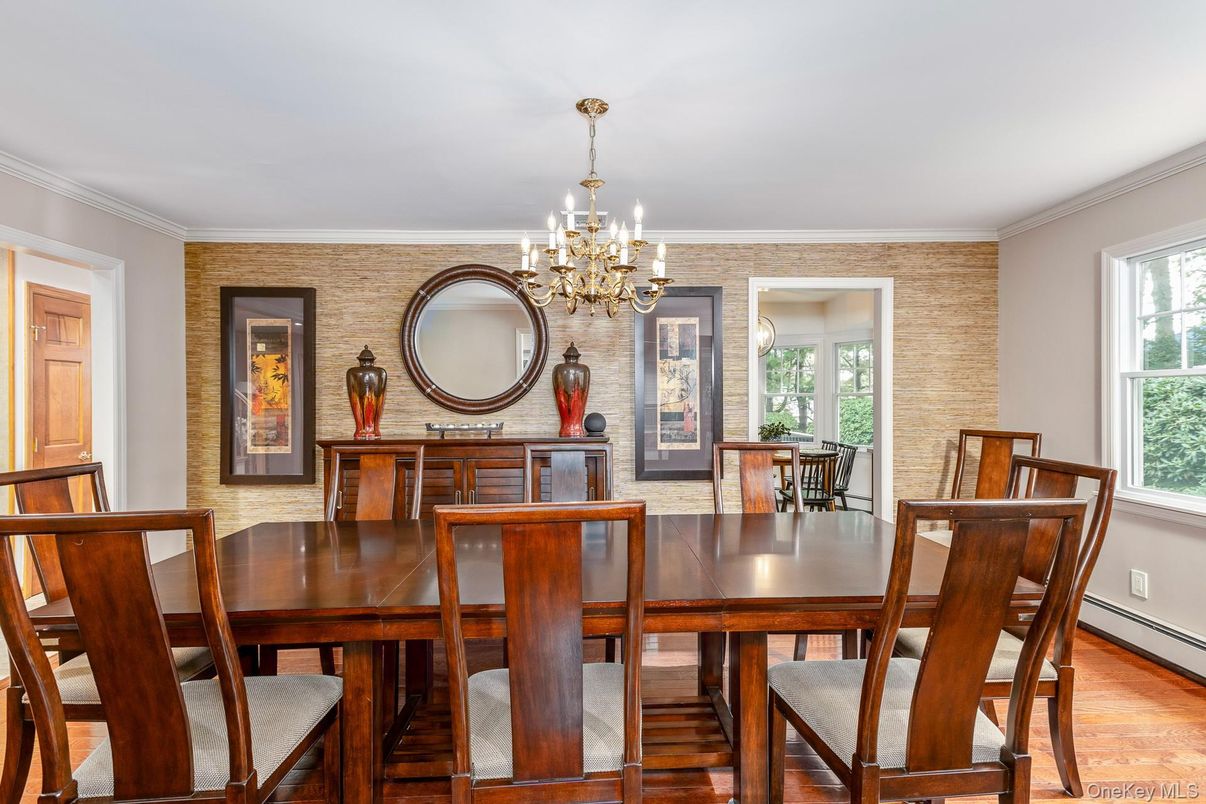 Chandelier, Dining room, Interior, Stone Walls, Wood Texture Flooring
