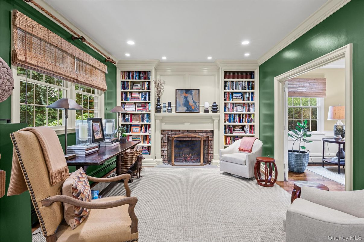 Fireplace, Home Office, Interior, Recessed Lighting, Wood Texture Flooring