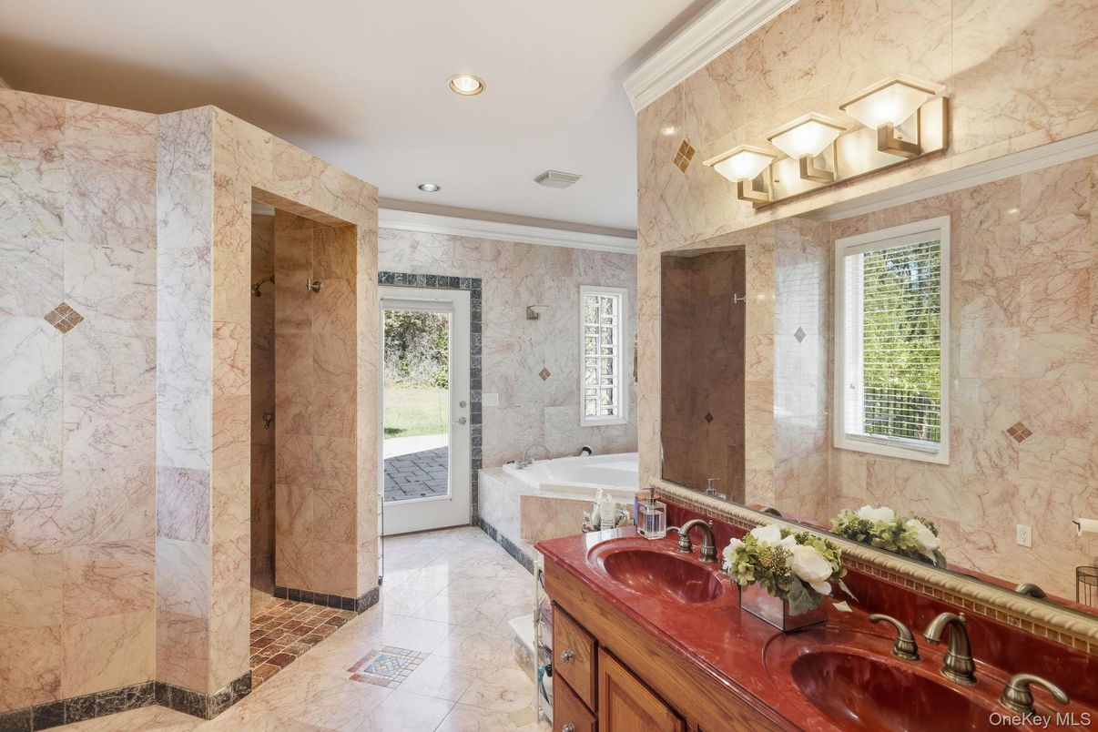 Bathroom, Dual Sink Vanities, Interior, Marble Walls, Recessed Lighting