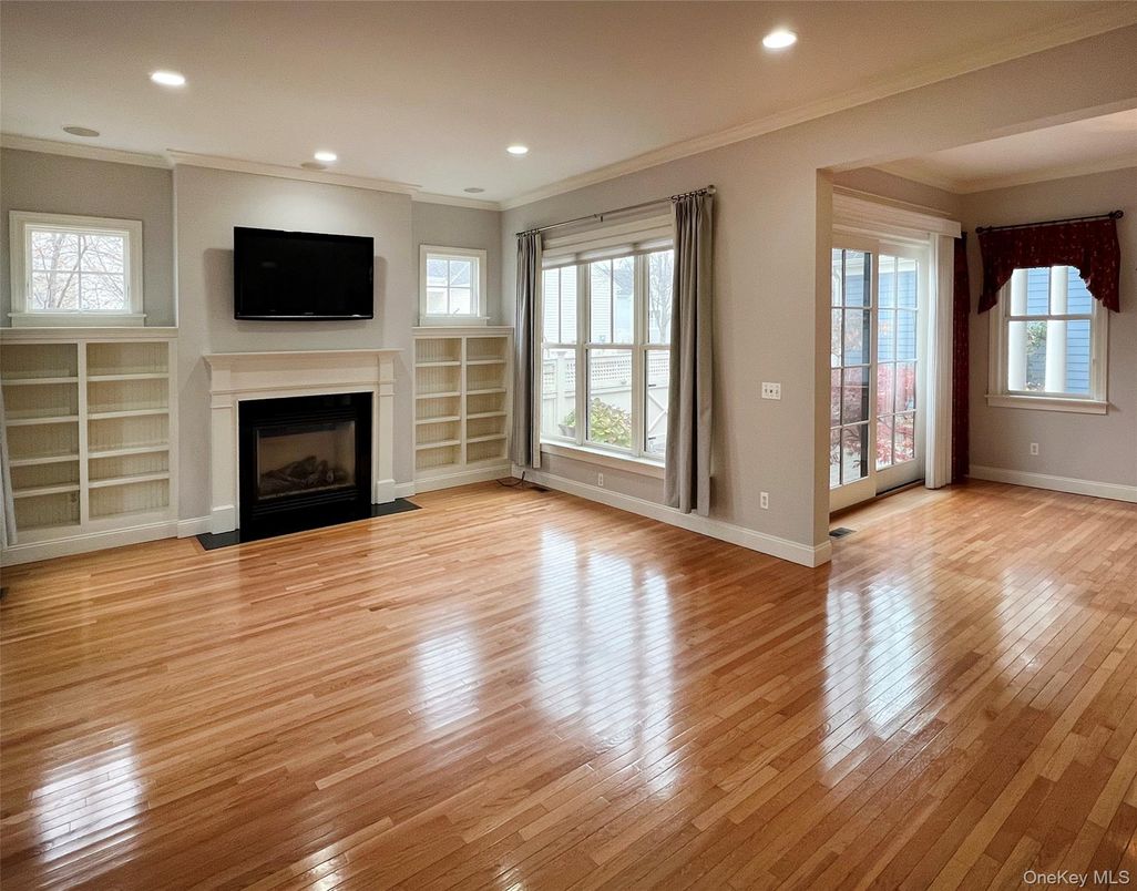 Empty room, Fireplace, Interior, Recessed Lighting, Wood Texture Flooring