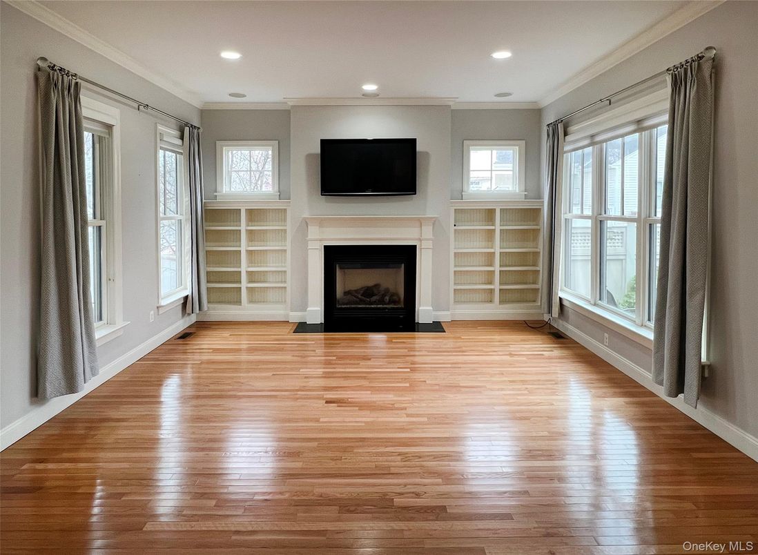 Empty room, Fireplace, Interior, Recessed Lighting, Wood Texture Flooring